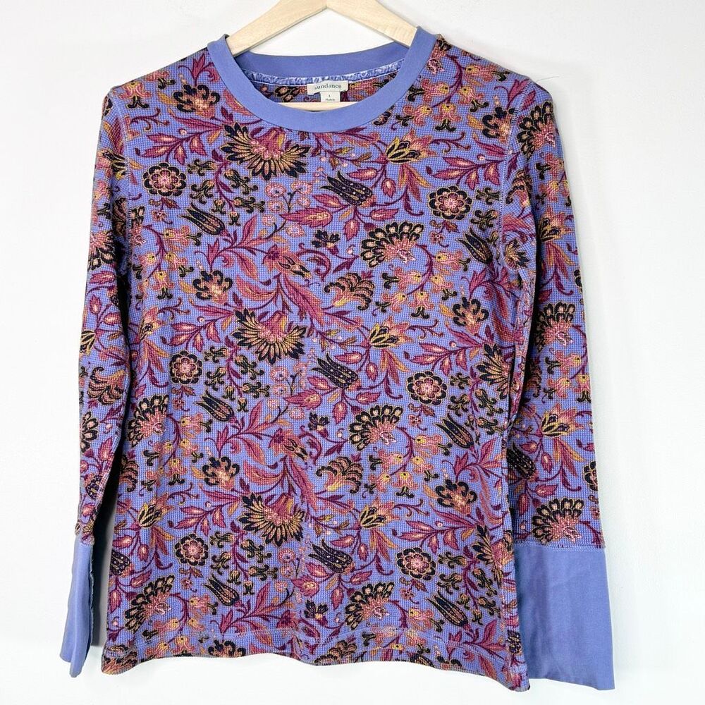 Sundance Purple Pink Floral Waffle Knit Thermal Crewneck Heavy T Shirt US Women’
